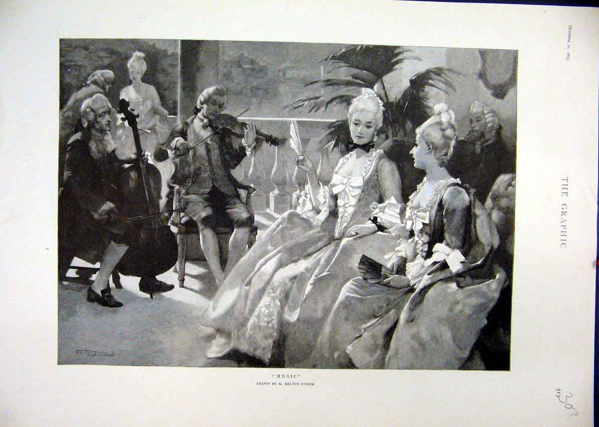 Original Old Antique Print 1893 Beautiful Women Men Music Romance 19th