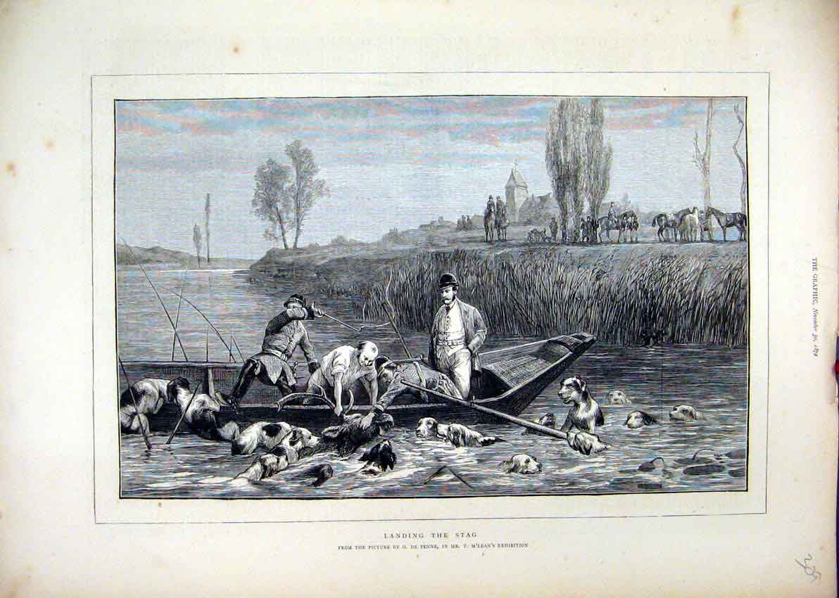 Original Old Antique Print 1872 Landing Stag Hunting Dogs Boat River Horses 19th