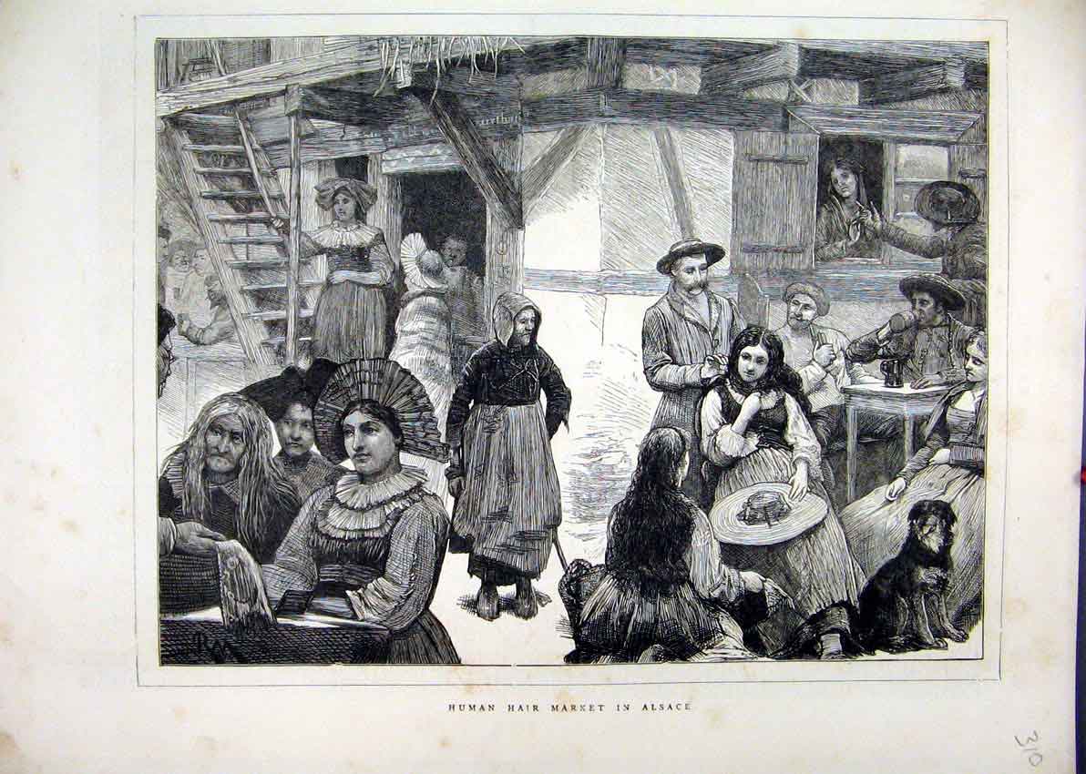 Original Old Antique Print 1871 Human Hair Market Alsace Women Men Victorian