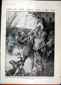 Original Old Antique Print 1910 Otter Hunting Dogs Men Carrying Woman River 20th