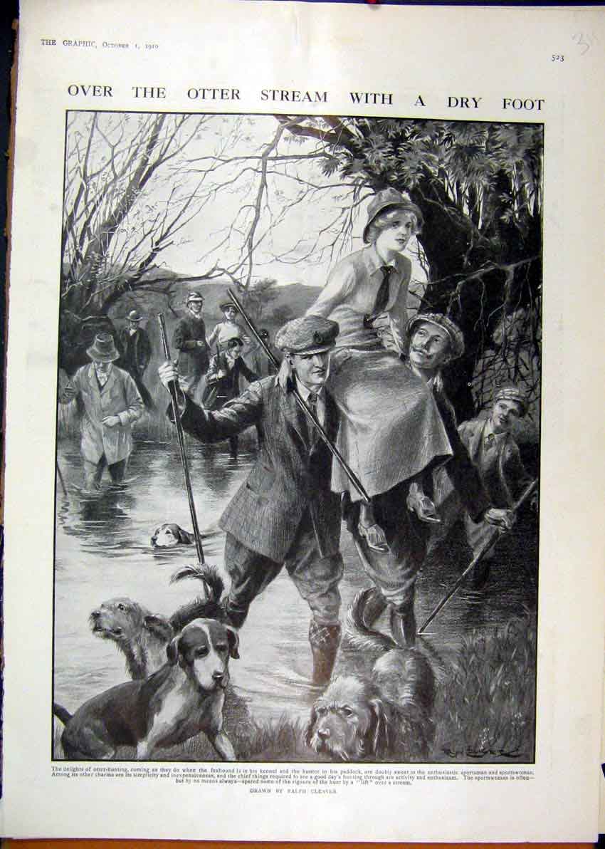 Original Old Antique Print 1910 Otter Hunting Dogs Men Carrying Woman River 20th
