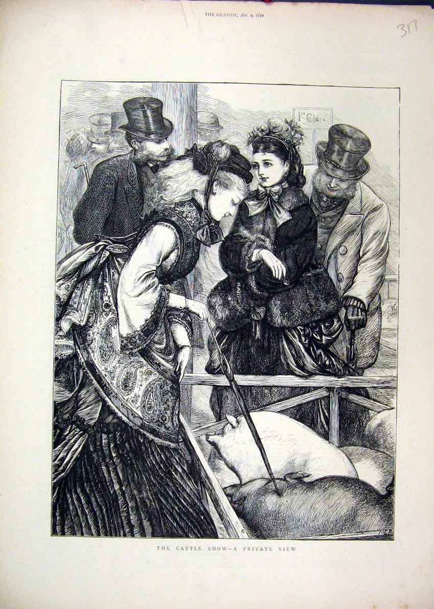 Original Old Antique Print Cattle Show 1871 Women Looking Pig Men A Victorian