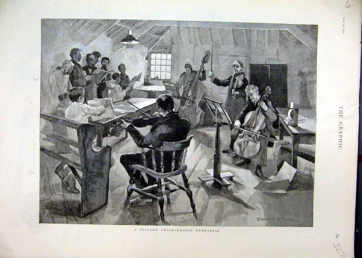 Original Old Antique Print 1888 Village Philharmonic Rehearsal Music Victorian