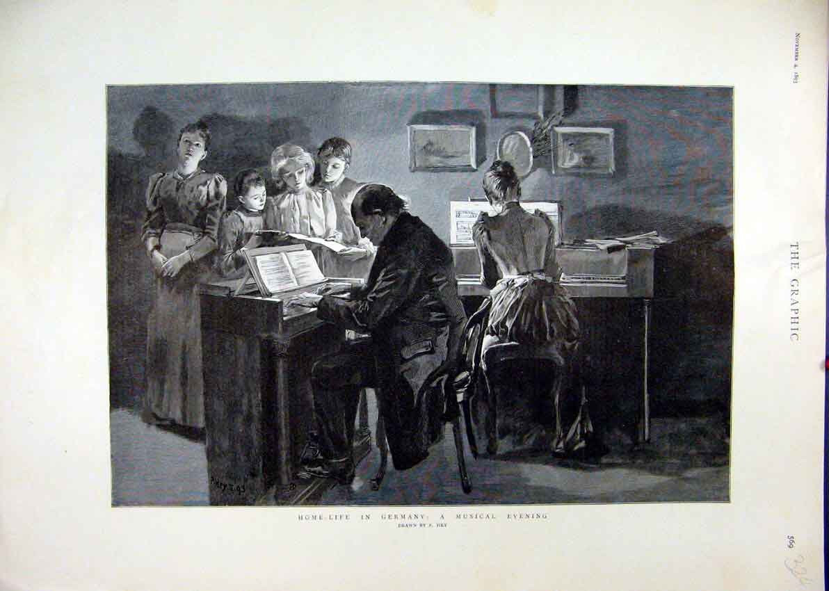 Original Old Antique Print 1893 Home-Life Germany Musical Evening Piano 19th