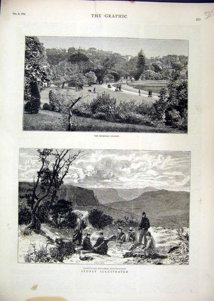 Old Antique Print 1879 Sydney Botanical Gardens Covett Leap Blue Mountain 19th