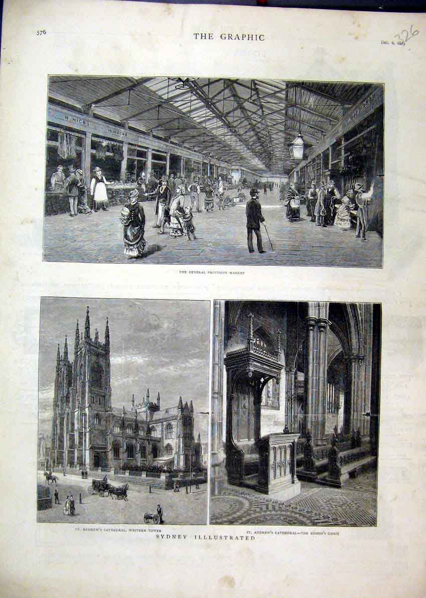 Original Old Antique Print 1879 Sydney General Provision Market Andrew Cathedral