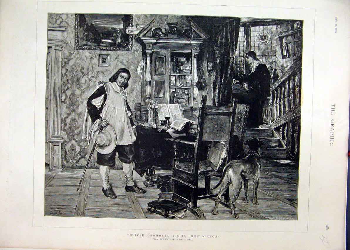 Original Old Antique Print 1885 Oliver Cromwell John Milton Dog Fine Art 19th