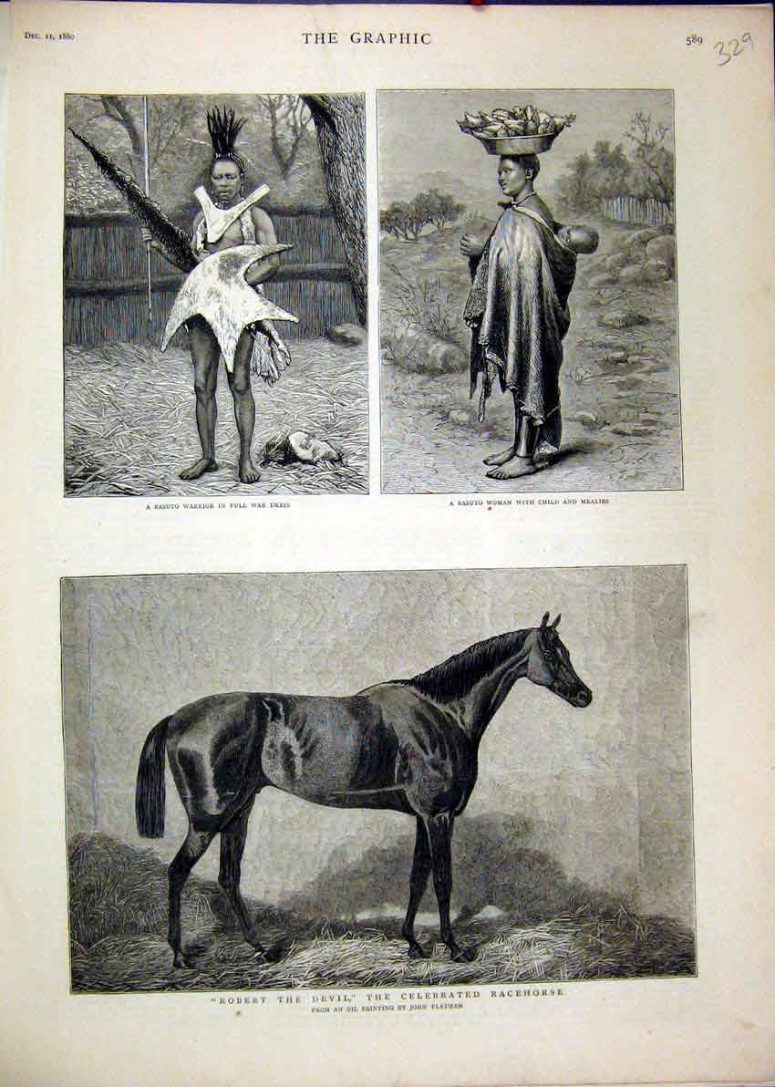 Old Antique Print 1880 Robert Devil Racehorse Basuto Woman Child Warrior 19th