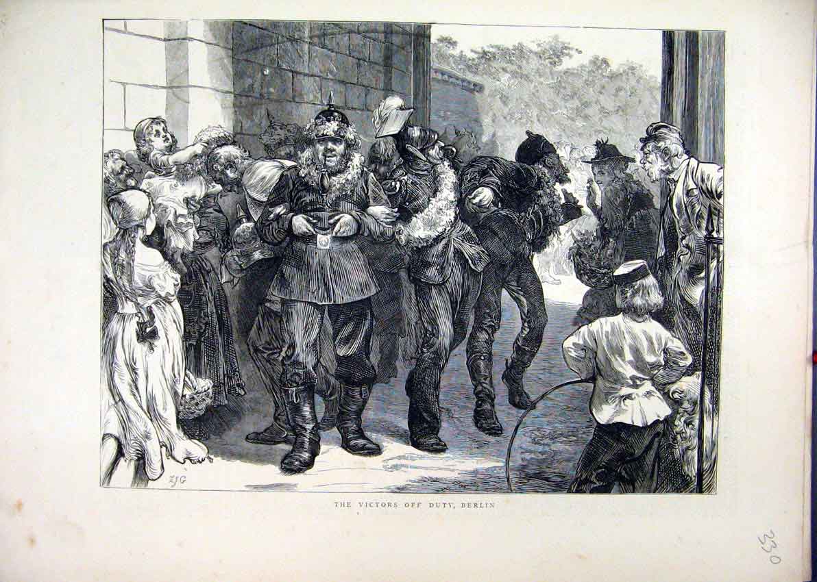 Original Old Antique Print 1871 Victors Off Duty Berlin Germany Street Scene