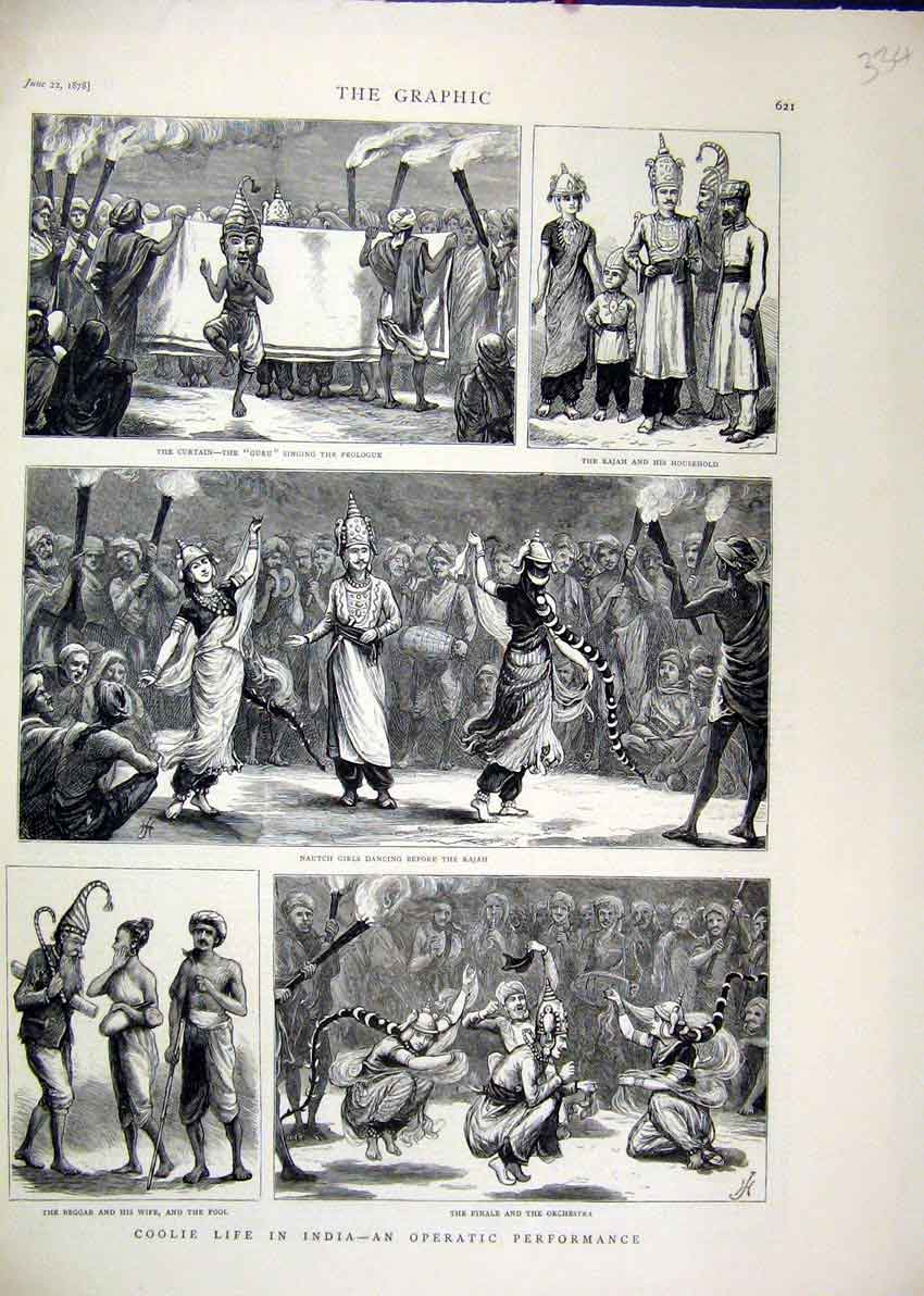 Original Old Antique Print Coolie Life India Operatic Performances 1878 Nautch