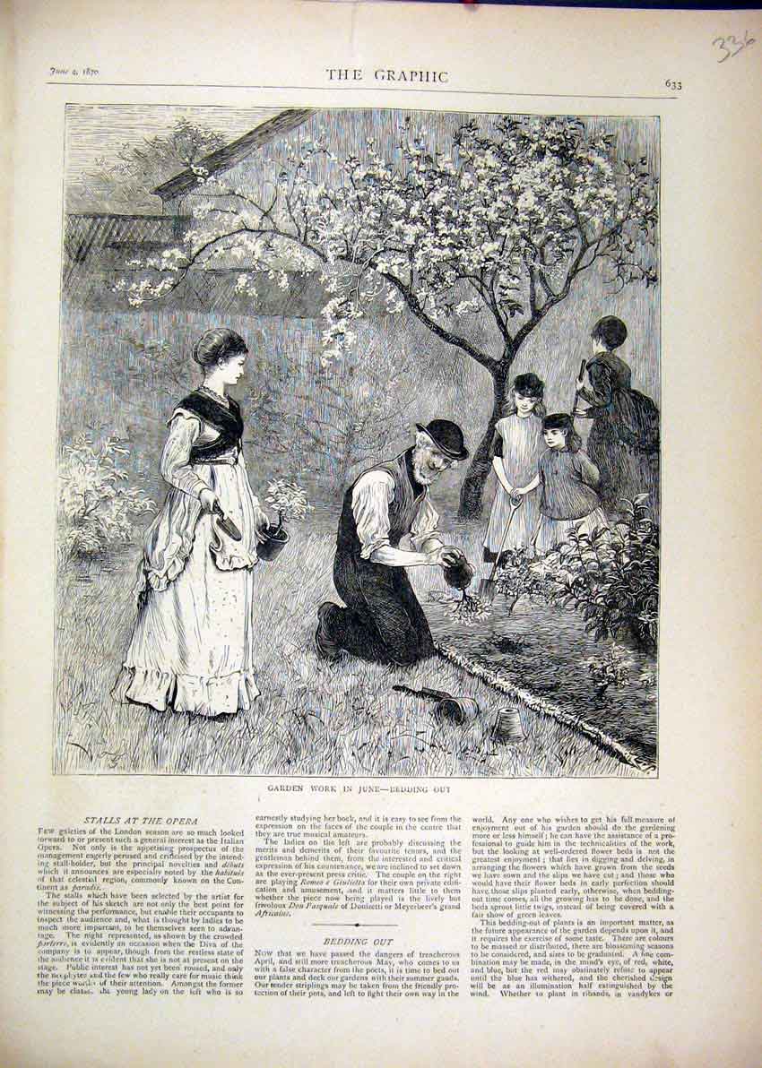 Original Old Antique Print 1870 Garden Work June Bedding Out Tree 19th