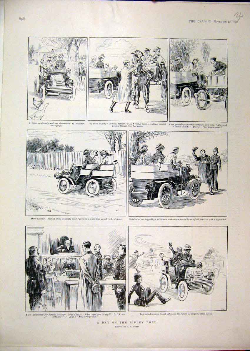 Original Old Antique Print 1902 Ripley Road Driving Car Horse Carriage 20th