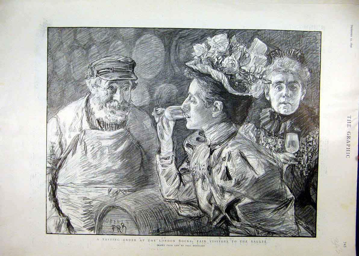 Original Old Antique Print 1896 Drinking Taste London Docks Fair Visitors Vaults