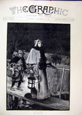 Original Old Antique Print 1893 Christmas Scene Woman Young Boy Bridge Goose