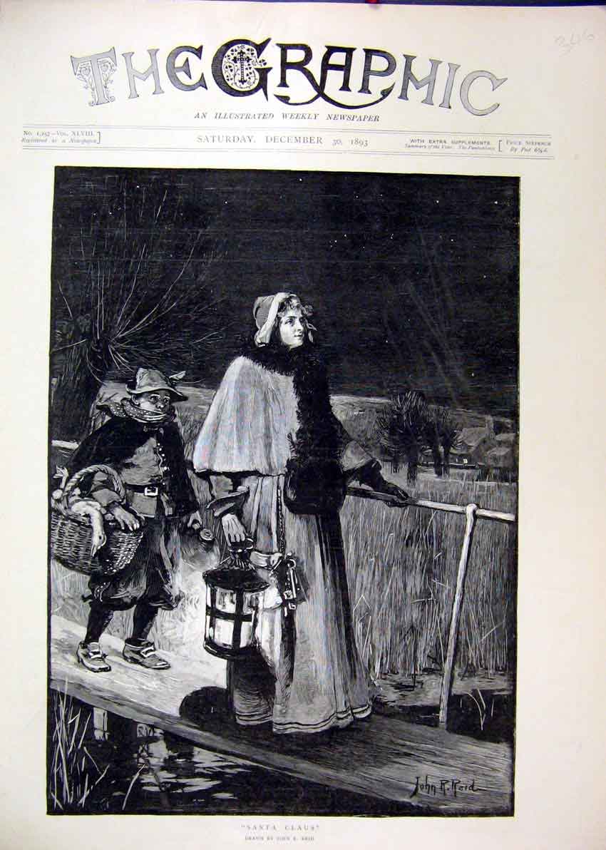 Original Old Antique Print 1893 Christmas Scene Woman Young Boy Bridge Goose