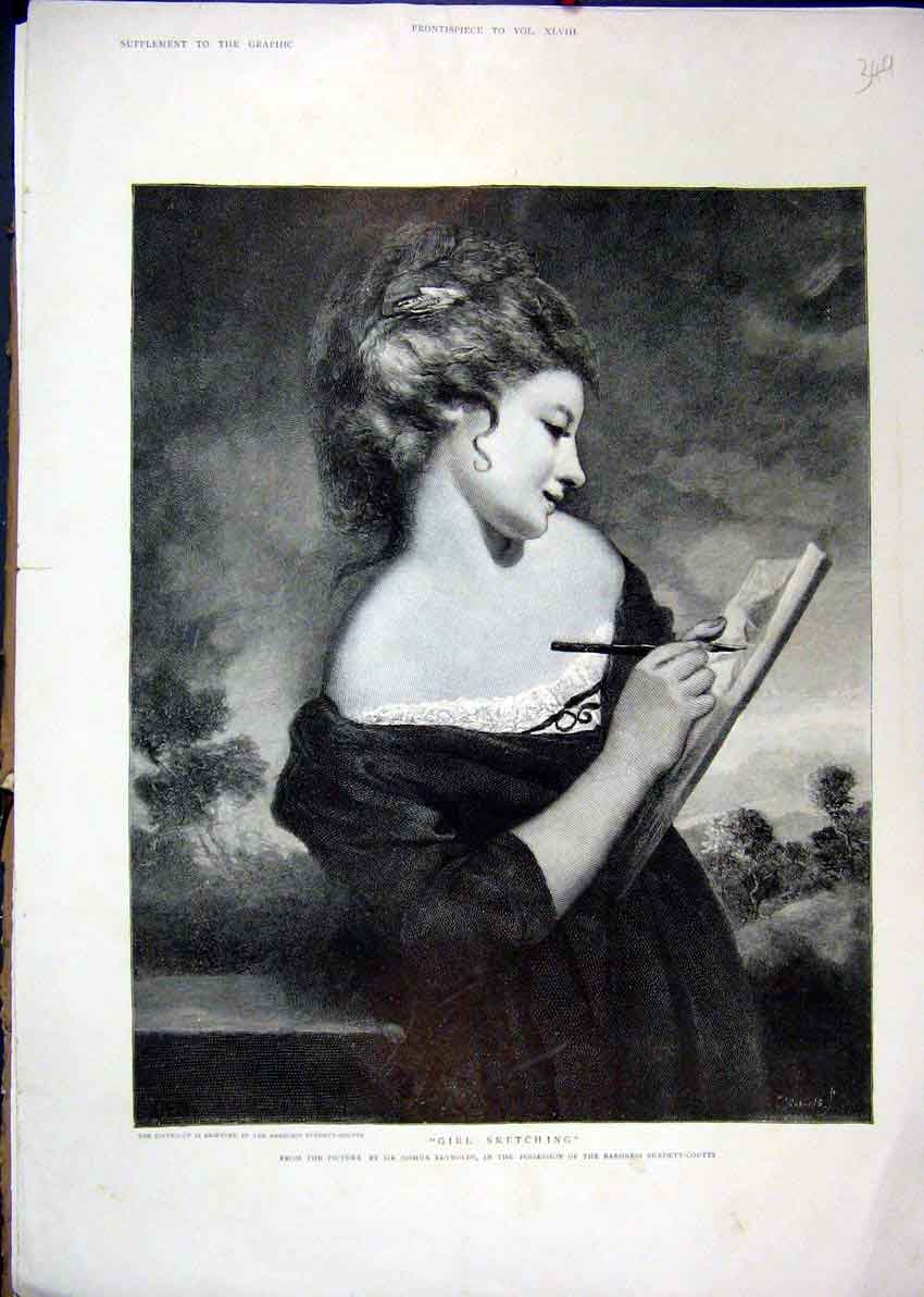 Original Old Antique Print Portrait Girl Sketching C1800 Baroness Burdett-Coutts