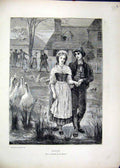 Original Old Antique Print Country Scene C1800 Man Woman Walking Romance Geese