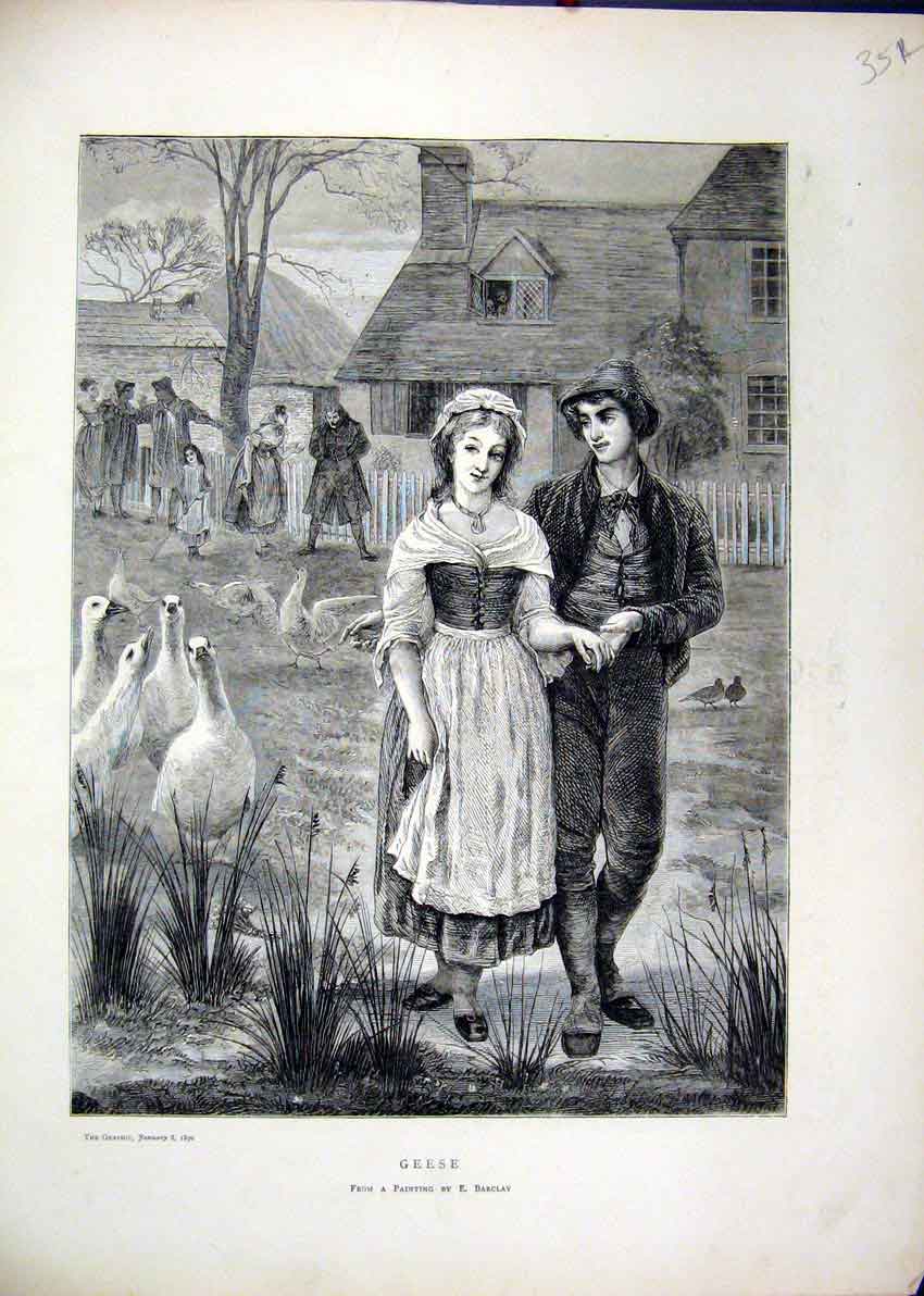 Original Old Antique Print Country Scene C1800 Man Woman Walking Romance Geese