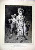 Original Old Antique Print 1883 Little Boy Girl Bread Butter Walking Country Art