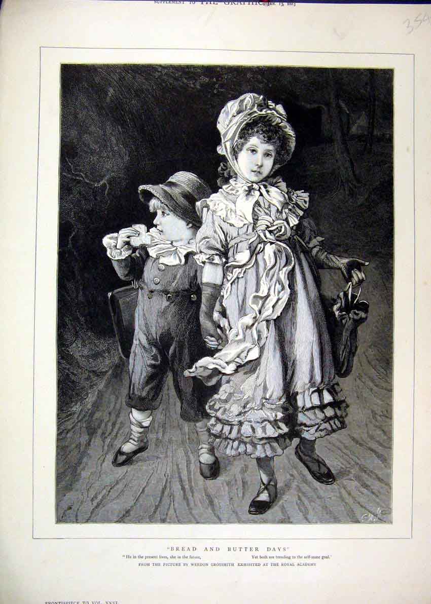 Original Old Antique Print 1883 Little Boy Girl Bread Butter Walking Country Art