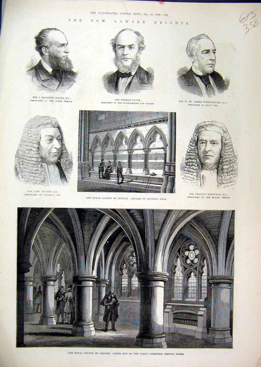Original Old Antique Print 1882 Lawer Knights Royal Court Justice Arcade Central
