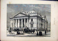 Original Old Antique Print Bourse Brussels Building 1874 King Belgians Exterior