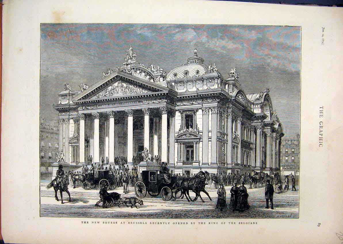 Original Old Antique Print Bourse Brussels Building 1874 King Belgians Exterior