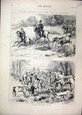 Original Old Antique Print Fox Hunting Horses Jumping 1876 Hounds Dogs Country