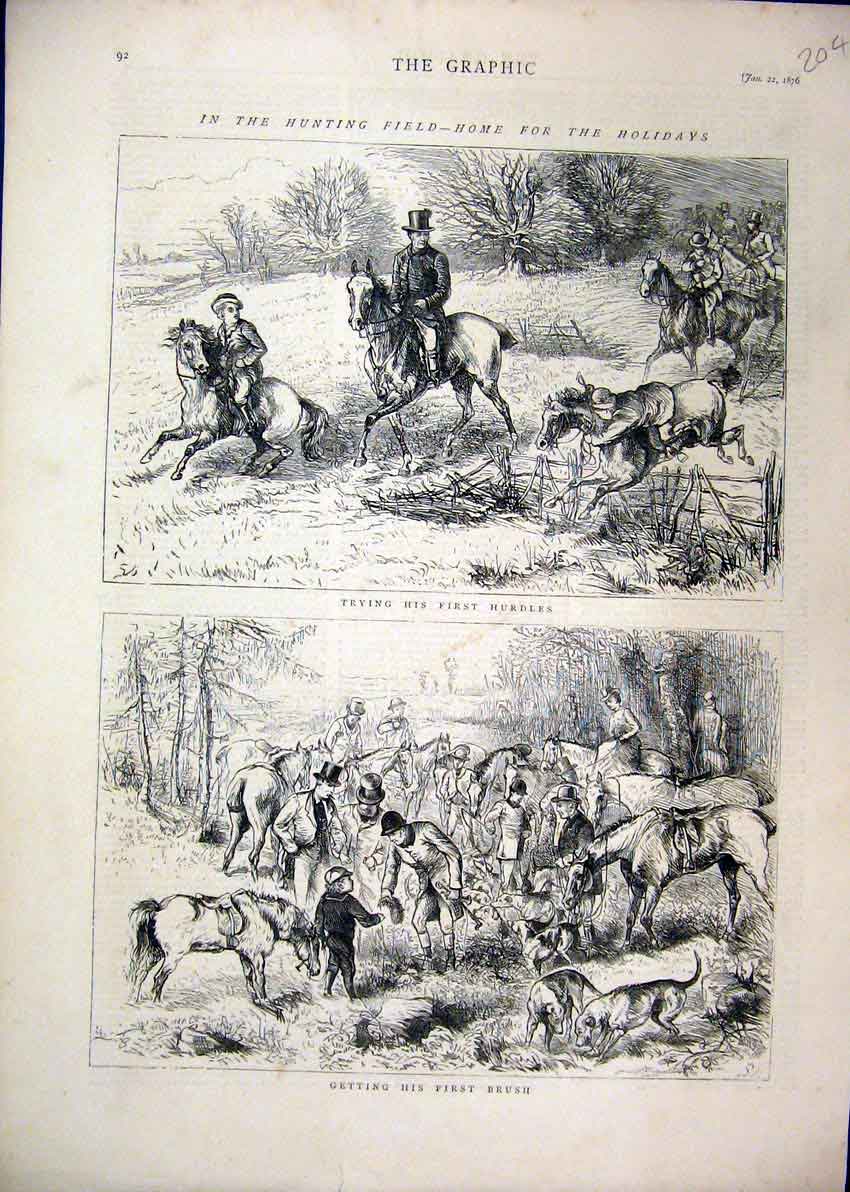 Original Old Antique Print Fox Hunting Horses Jumping 1876 Hounds Dogs Country