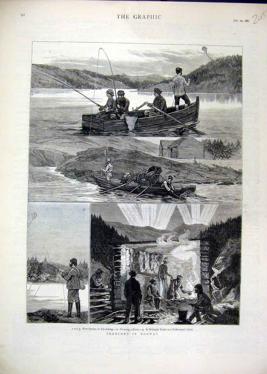 Old Antique Print Sketches Norway 1881 Fly-Fishing Picnic Fisherman Shed 19th