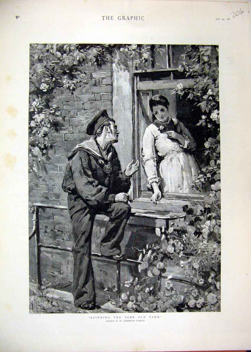 Original Old Antique Print 1885 Romance Man Woman Window Flowers 19th