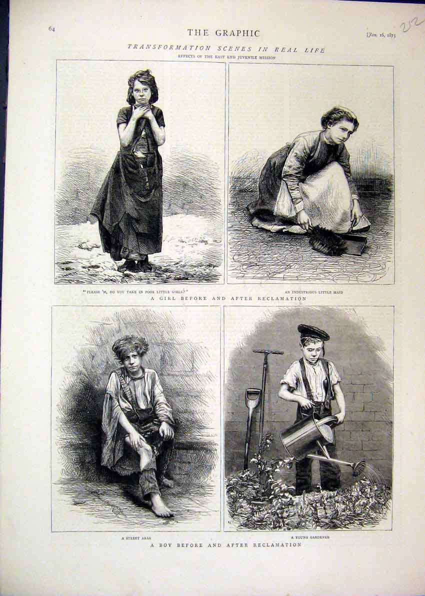 Original Old Antique Print 1875 Girl Boy Reclamation Arab Gardener Maid Poor