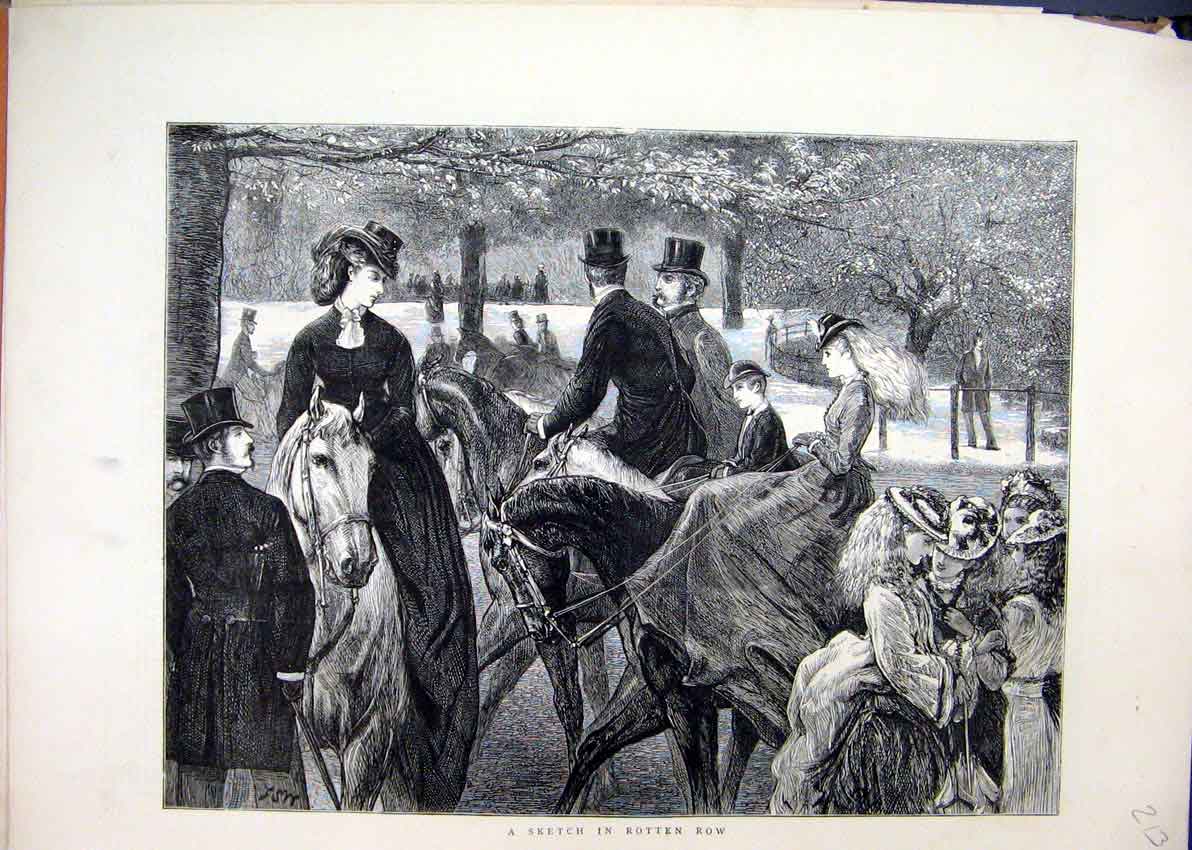 Old Antique Print 1872 Sketch Rotten Row Rich Families Horse Riding Trees 19th
