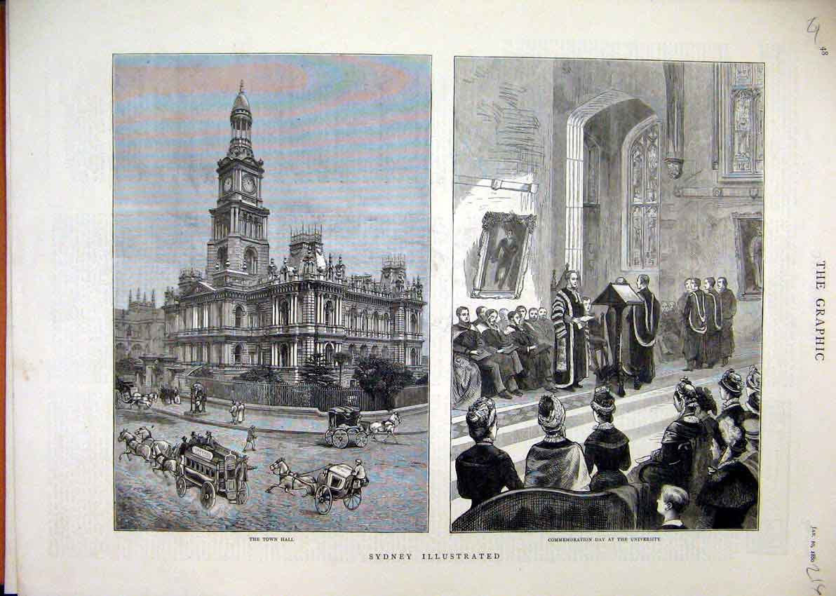 Original Old Antique Print Sydney Town Hall 1880 Commemoration University 19th