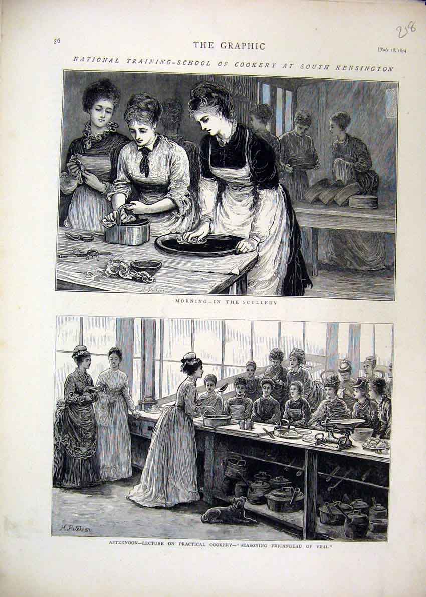 Original Old Antique Print 1874 School Cookery Kensington Scullery Woman Lecture