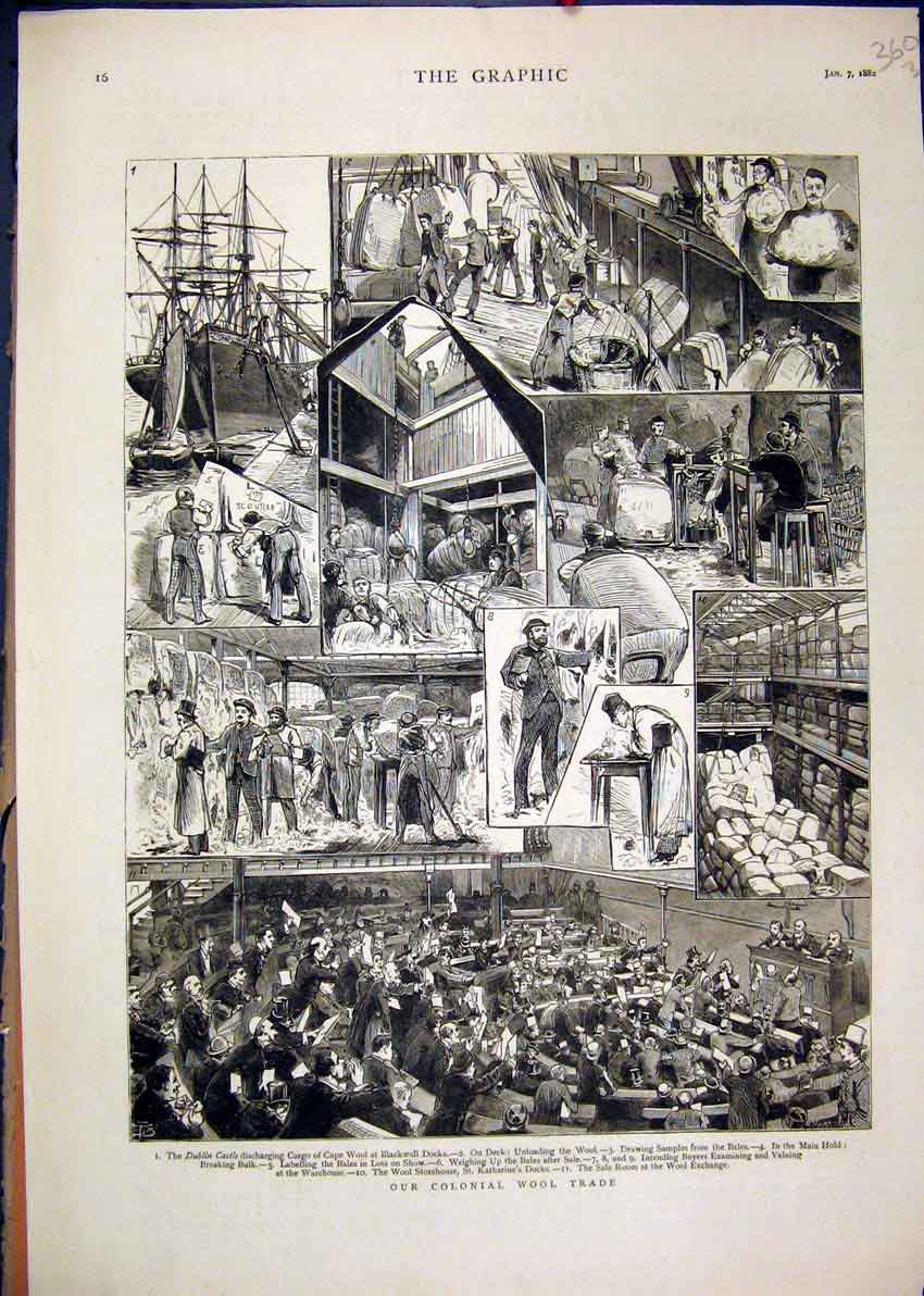 Original Old Antique Print 1882 Colonial Wool Trade Sale Room Dublin Castle Ship