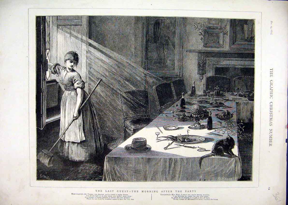 Original Old Antique Print Cleaner After Party 1875 Mess Dinner Table Cat Brush