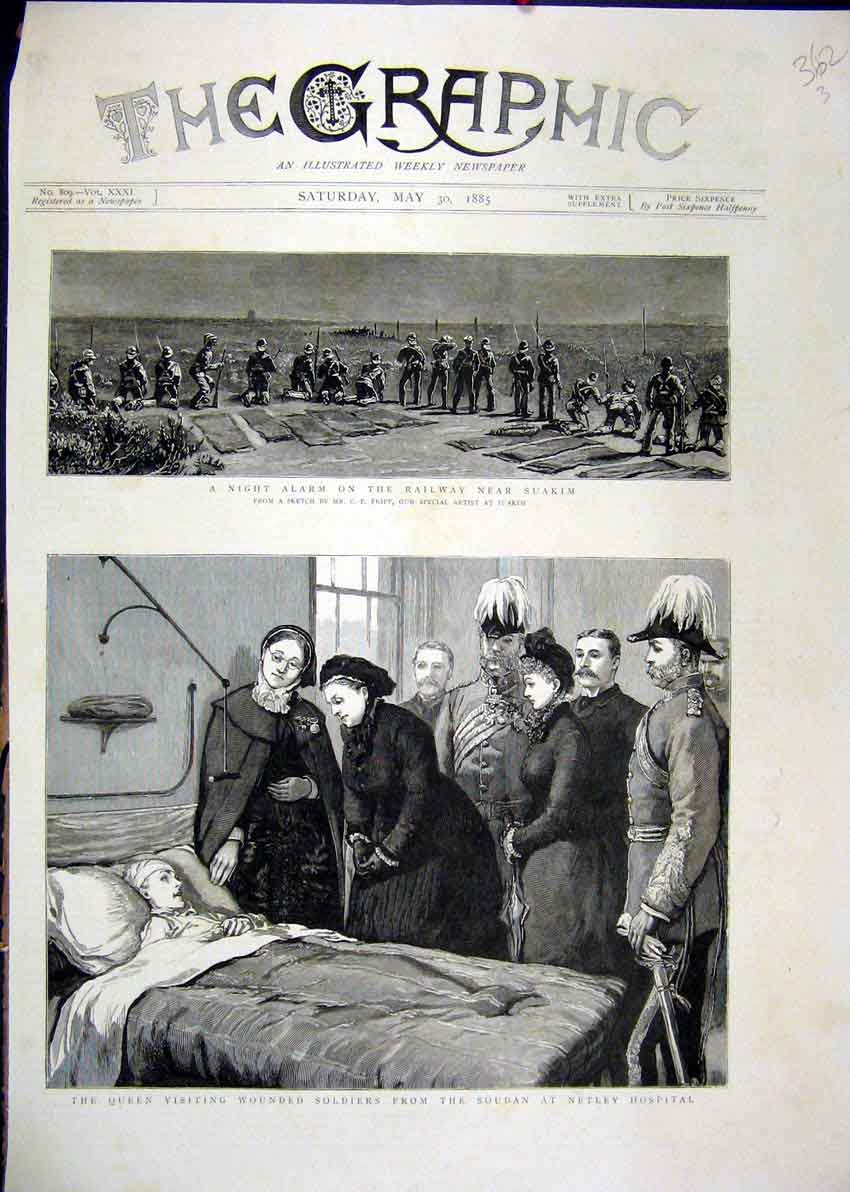 Original Old Antique Print Queen Railway Siers Soudan Netley Hospital 1885 19th