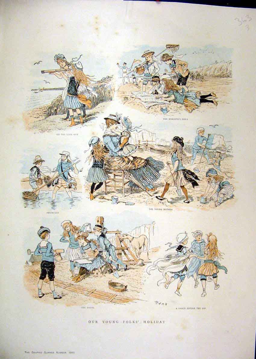 Original Old Antique Print Colour 1886 Children Holiday Beach Net Sandcastle