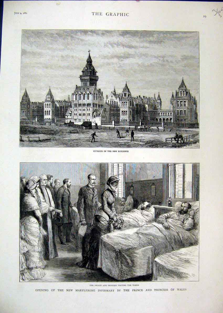 Original Old Antique Print Marylebone Hospital 1881 Prince Wales Wards Building