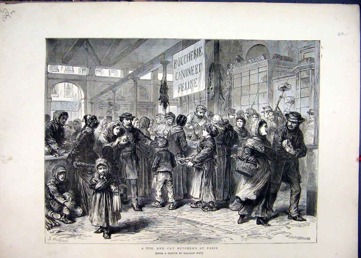 Original Old Antique Print Dog Cat Butcher Paris 1871 France People Buying 19th
