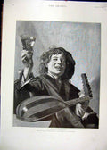 Original Old Antique Print Portrait Man Music Celebration 1892 Happy Victorian