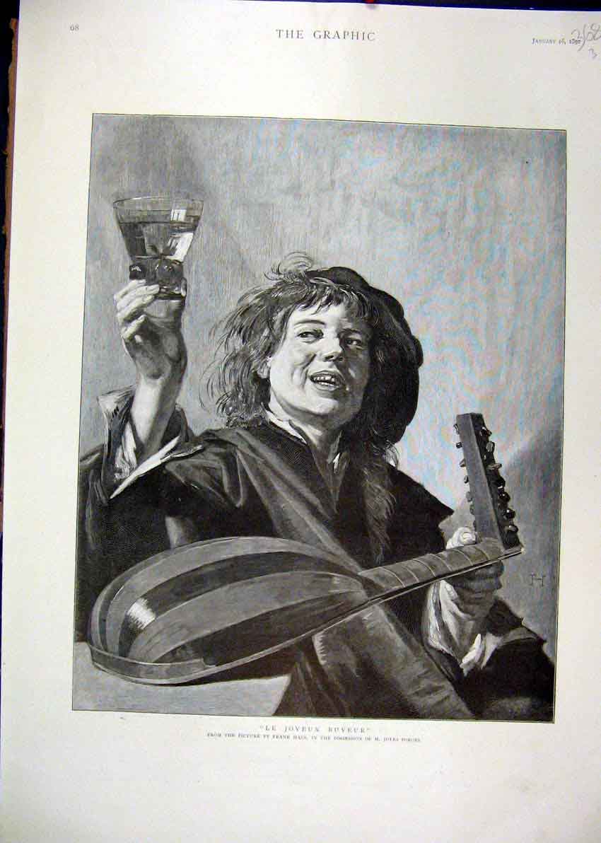 Original Old Antique Print Portrait Man Music Celebration 1892 Happy Victorian