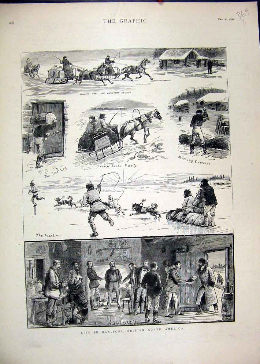 Original Old Antique Print 1881 Manitoba America Party Horse Dog Snow Ice 19th