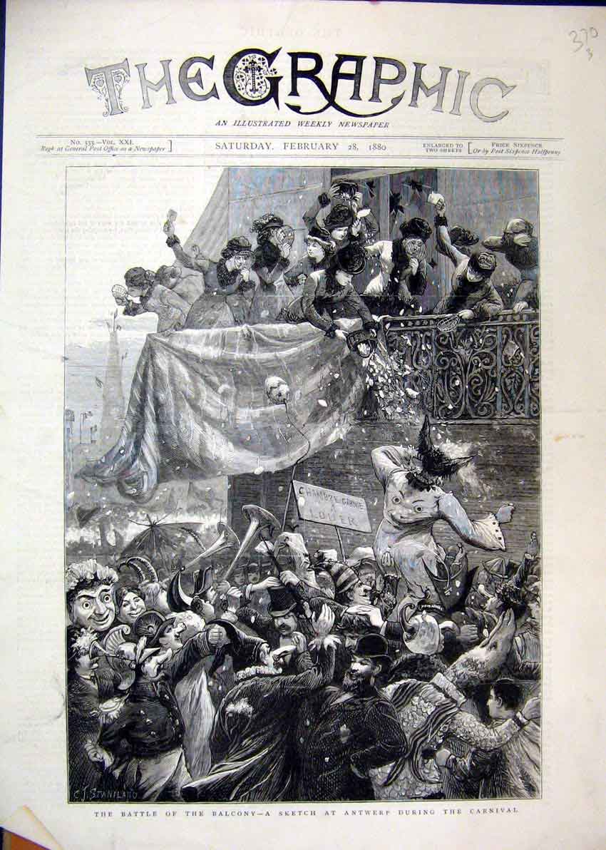 Original Old Antique Print Antwerp Carnival 1880 Snowballs Balcony Battle 19th
