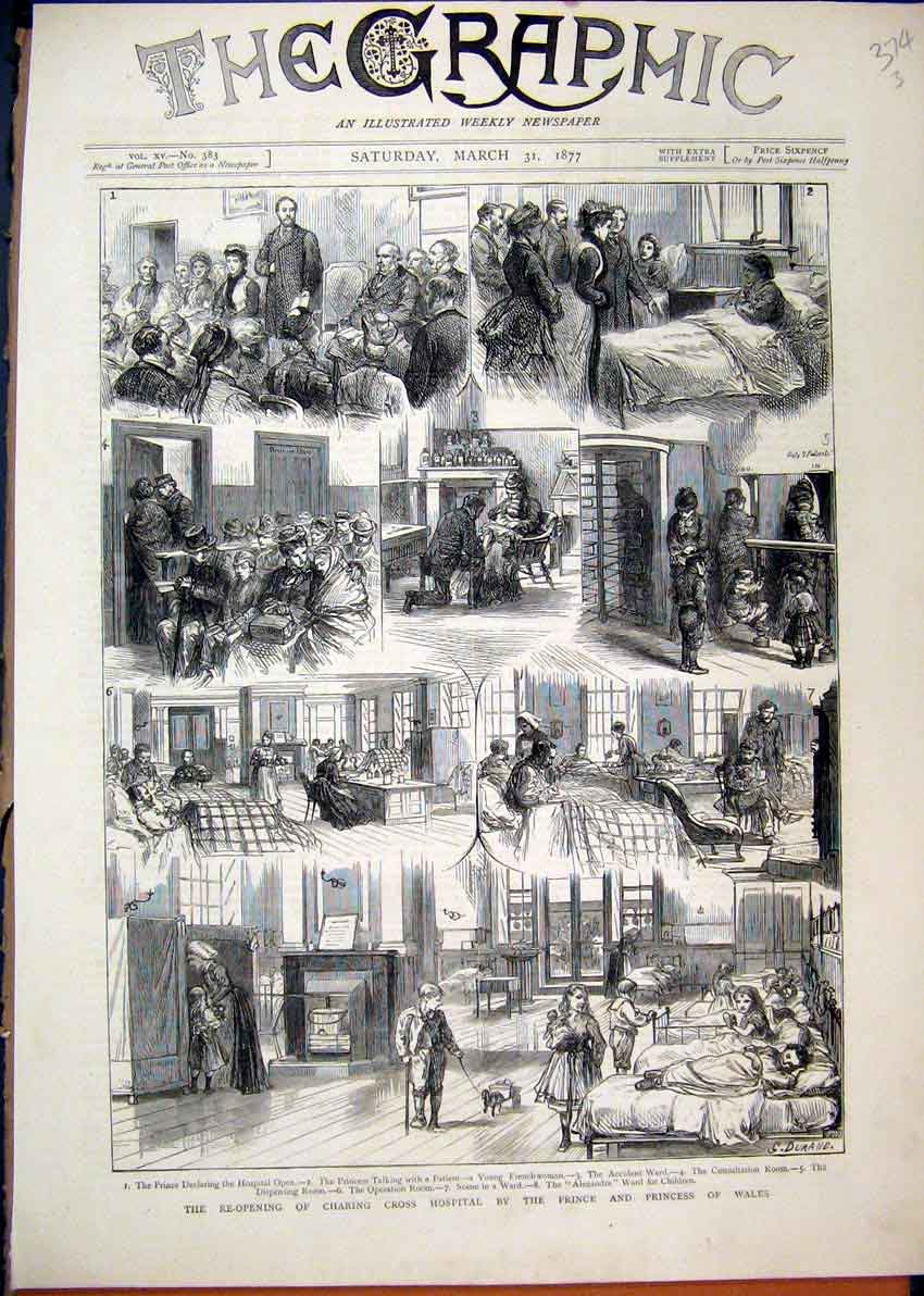 Original Old Antique Print 1877 Charing Cross Hospital Prince Wales Patient Ward
