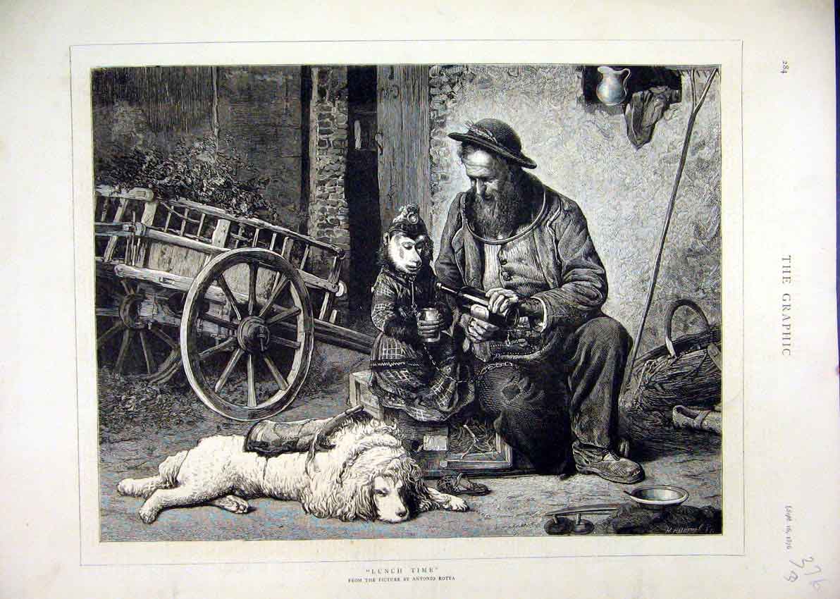 Original Old Antique Print 1876 Man Monkey Drinking Dog Cart Lunch Time 19th