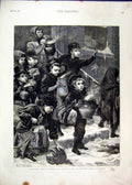 Original Old Antique Print London Soup Kitchen 1880 Feeding Hungry Poor Snow