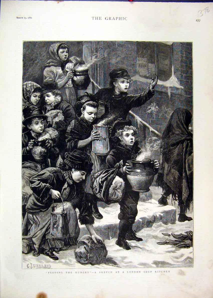 Original Old Antique Print London Soup Kitchen 1880 Feeding Hungry Poor Snow