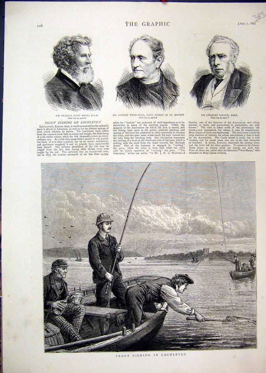 Original Old Antique Print 1875 Trout Fishing Lochleven Thirlwall Bishop Locock
